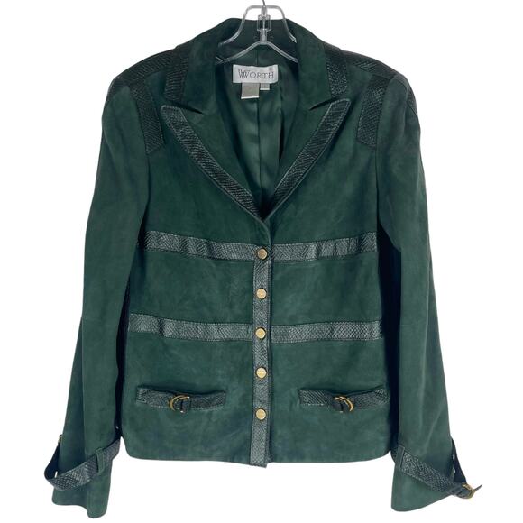 Worth NY Snake Leather Trim Suede Jacket Snap Button Dark Green Size 4 - Picture 1 of 11